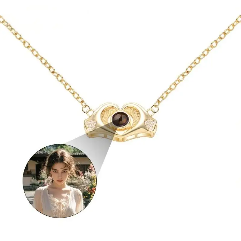 Custom Photo Projection Necklace for Women Copper Personalized Picture Heart Wing Flower Necklaces Valentine's Day Jewelry Gift - view 6
