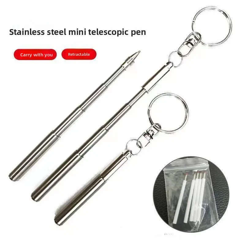 

Telescopic Pen with Key Ring Stainless Steel Mini Ballpoint Pen Portable Stationery Supplies