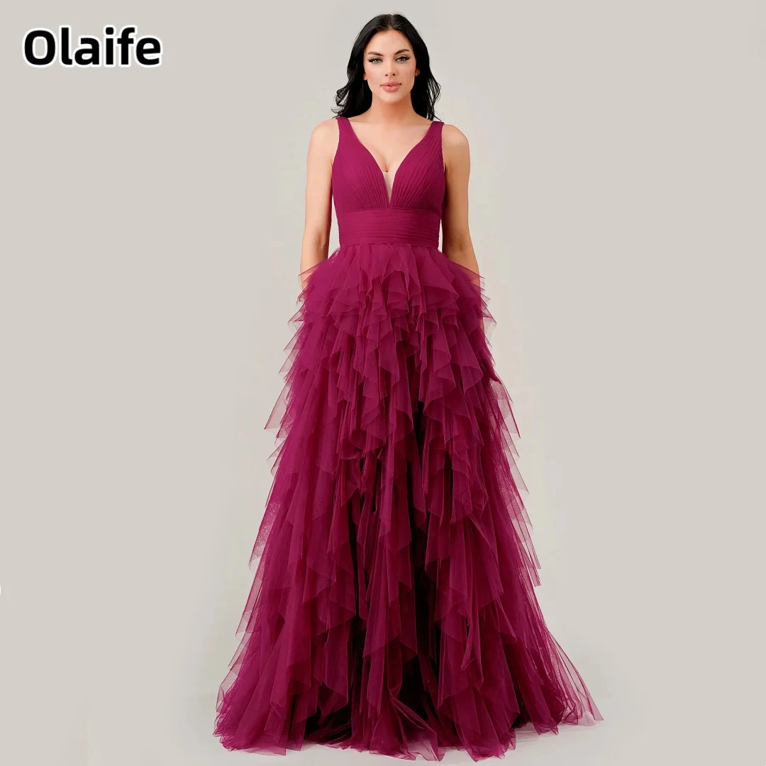 

Olaife V-neck Prom Dresses Tulle Ruffled Sleeveless Evening Dresses Women's Formal Occasions Dresses Vestidos De Noche