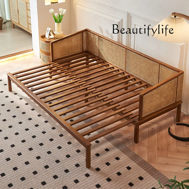 Solid wood sofa bed simple modern small apartment retractable dual-purpose rattan sofa