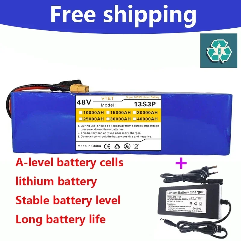 VTET 2024 48V 40000mAh 1000W 13S3P XT60 18650 Lithium Battery Pack 40AH  BMS+charger