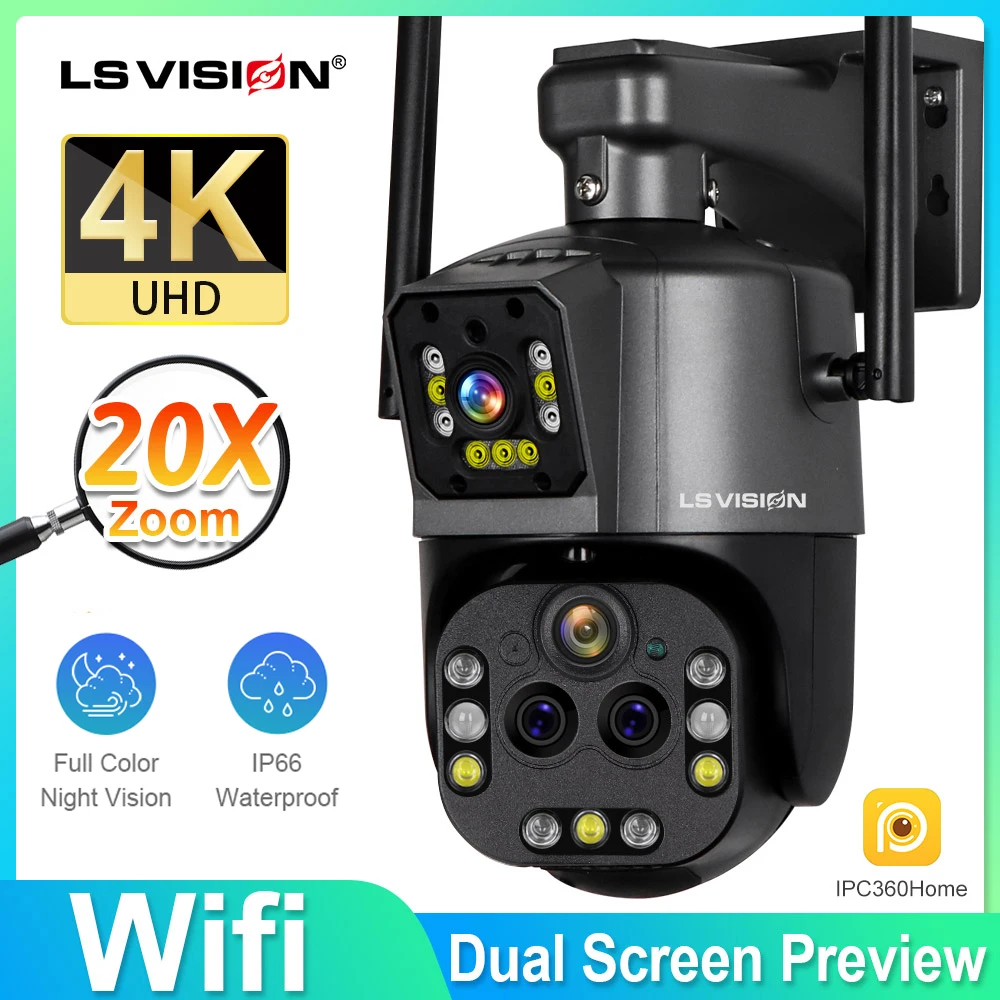 LS VISION 8K Wifi Surveillance Cameras 20X Optical Zoom Outdoor Wireless Four Lens Dual Screens PTZ  Auto Tracking CCTV Cam 