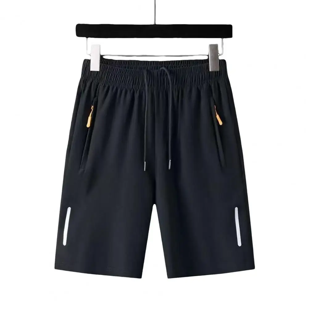 Men Sport Shorts Solid Color Elastic Waist Casual Straight Pants Zipper Pockets Retro Thin Knee Length Summer Shorts Men Clothes