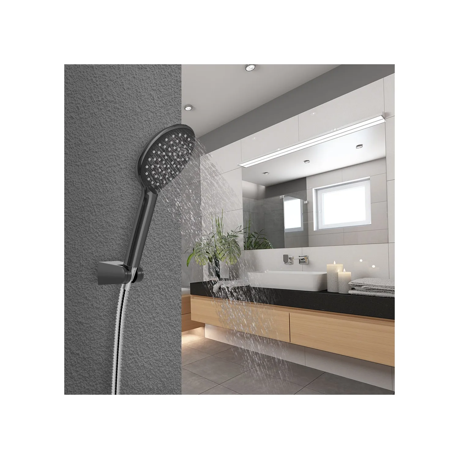Baymera Deluxe Jet Black Hand Shower Set VLTM-7120 130Mm Hand Shower 150m Stainless Neo Polish Double Clamped Shower Hose