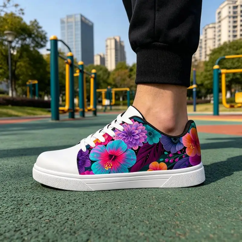 Ladies Men's Road Running Shoes，White sneakers with printed designs，Various sizes available，Bright neon floral pattern，Lightweig