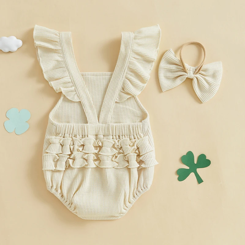 Stylish Baby Girls St Patrick s Day Romper with Shamrock Embroidery and Matching Headband Cute Irish Outfit for Infants