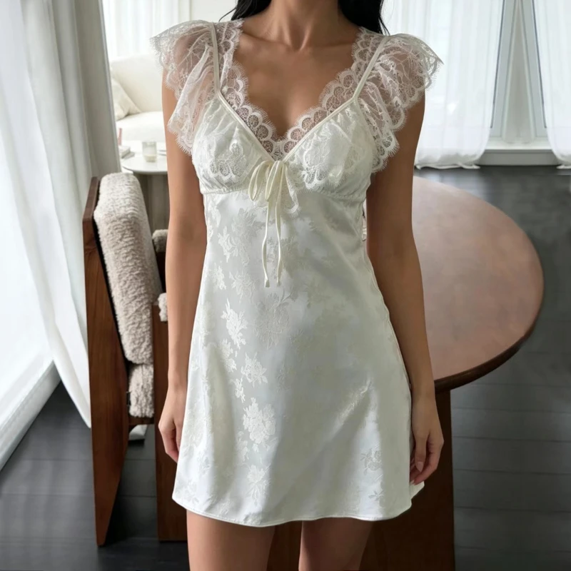 

TARUXY Elegant V-Neck Lace-Trimmed Dress Women's Stylish Solid Lace-Up Printed Short Dress 2026 Summer New Banquet Party Dresses