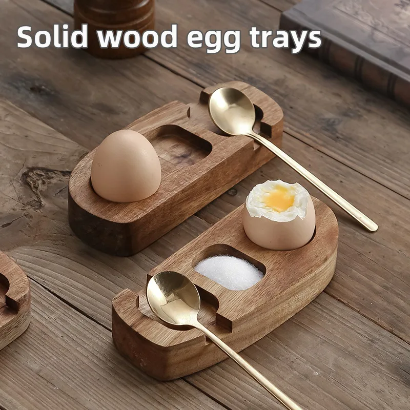 New Acacia Wood Egg Tray Holder Stand for Eggs Cups Shells with Hole Puncher