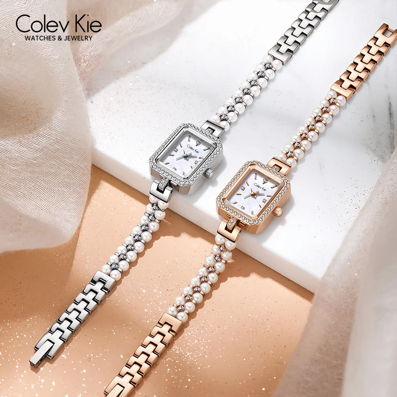 CloveKie Girls Watches for Women Pearl Bracelet Strap Elegant Rectangel Quartz Watch Waterproof Ladies Dress Wristwatch Gift Set