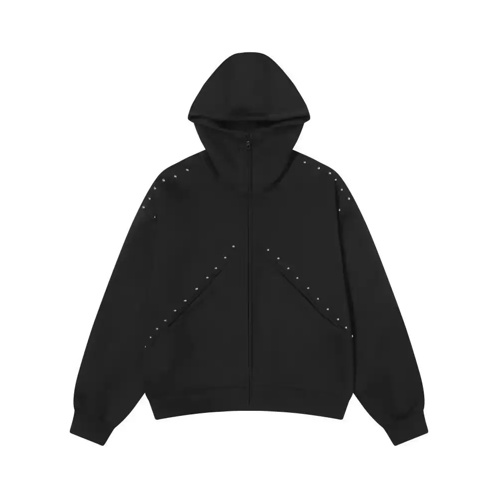 American Retro High Street Hooded Sweatshirt with Rivet Design, Stylish Men's High-end Autumn Trendy Cool Jacket
