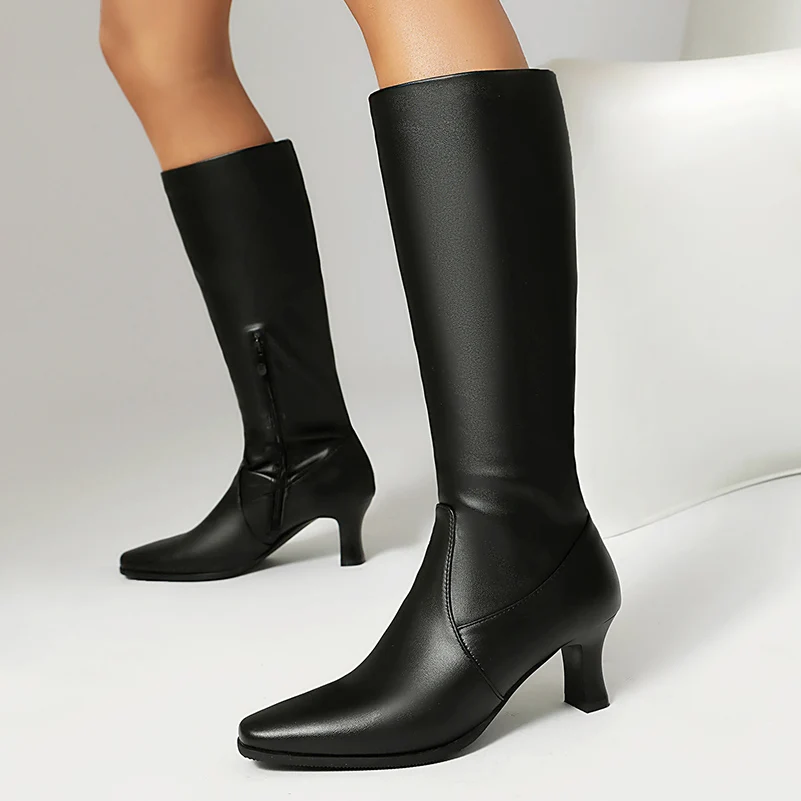 Plus Size White Knee High Boots Women Elegant Thin Heel Pointed Toe Side Zipper Leather Long Boots Party Dress Footwear