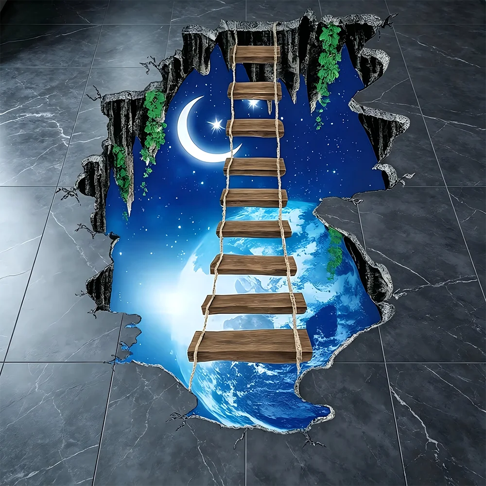 1 piece of space staircase floor sticker, wooden ladder leading to the stars, moon, and earth at the broken floor