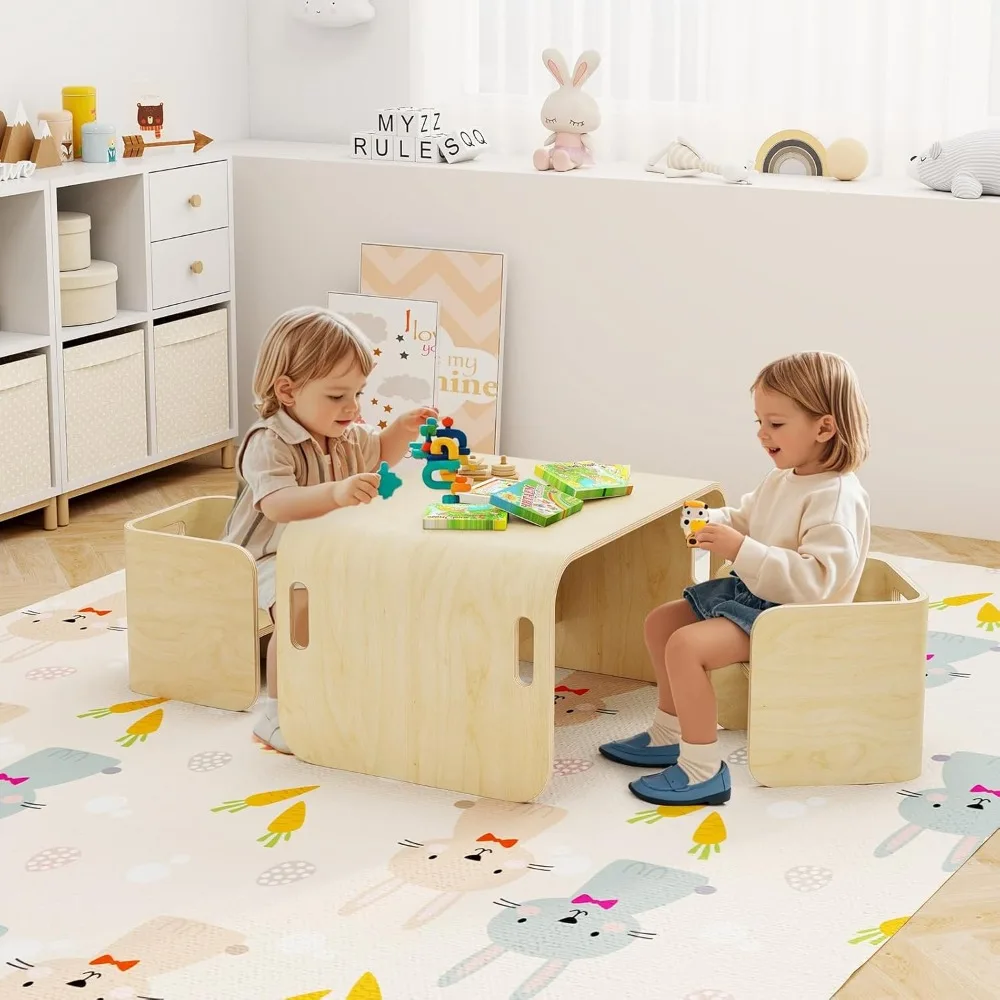 Kids Table and Chair Set, 4 in 1 Wood Activity Table, Bench, Storage Shelves, Desk for Children Reading, Arts, Crafts