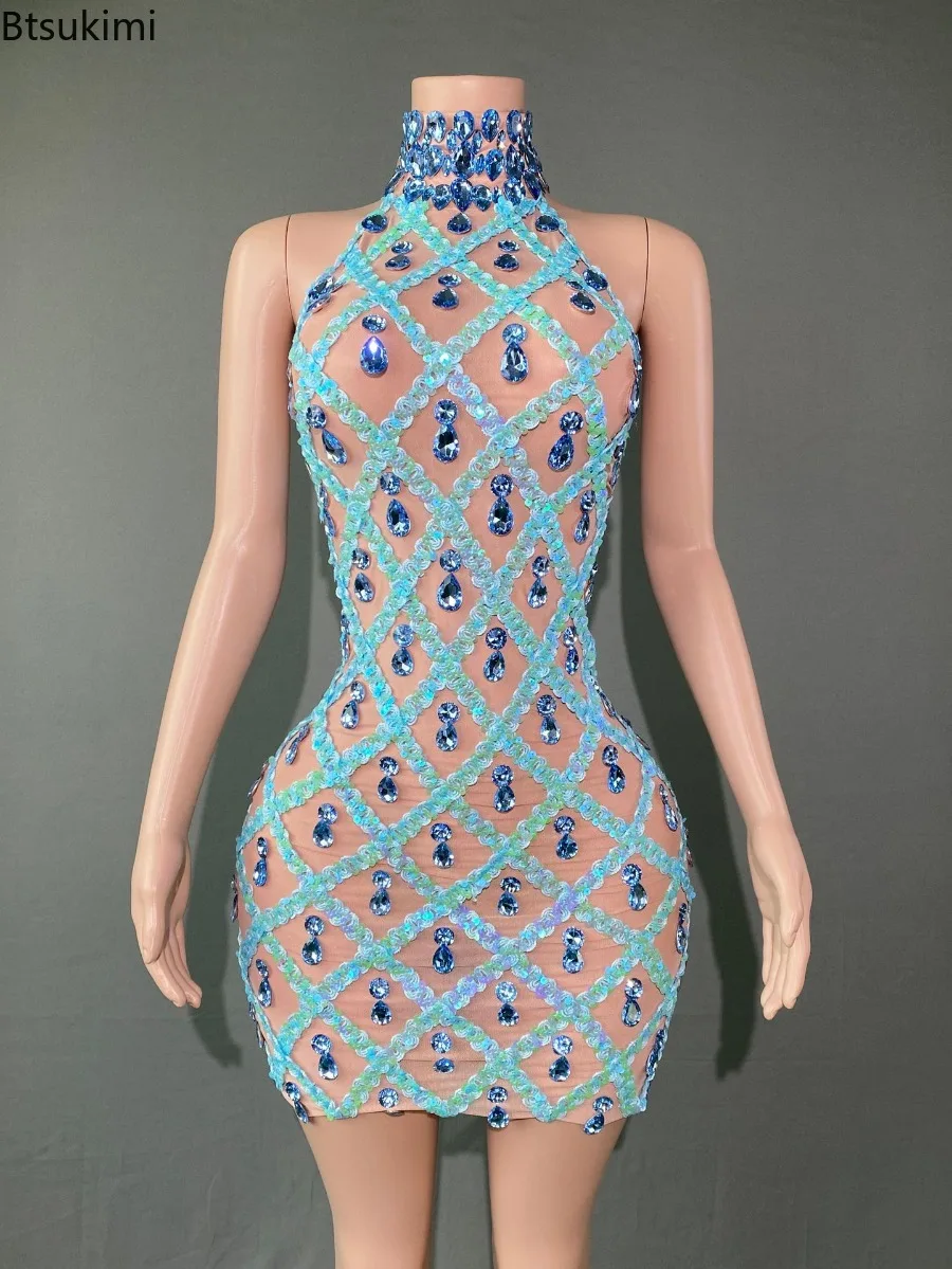 Summer Sexy Mesh Transparent Evening Celebrate Birthday Dress Sparkly Solid Sequins Rhinestones Bodycon Short Dress Stage Wear
