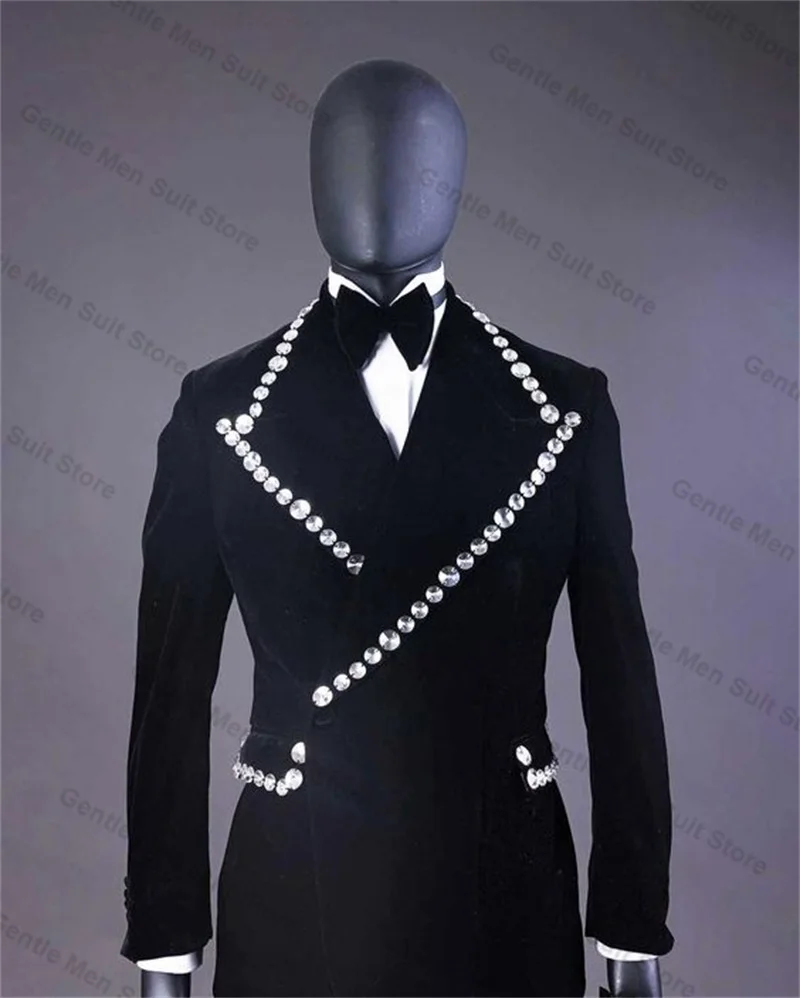 Crystals Black Velvet Men Suits Set 2 Piece Blazer+Cotton Pant Double Breasted Custom Made Jacket Prom Groom Wedding Tuxedo Coat