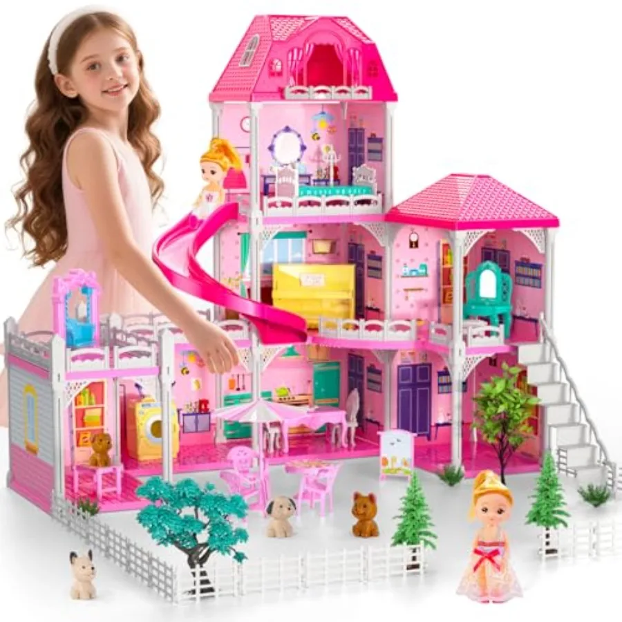 

3-Level DIY Dollhouse for Girls: Wooden, Pastel Pink, Includes Slide, 7 Themed Rooms, 2 Dolls, 4 Dogs, Furniture Accessories Id
