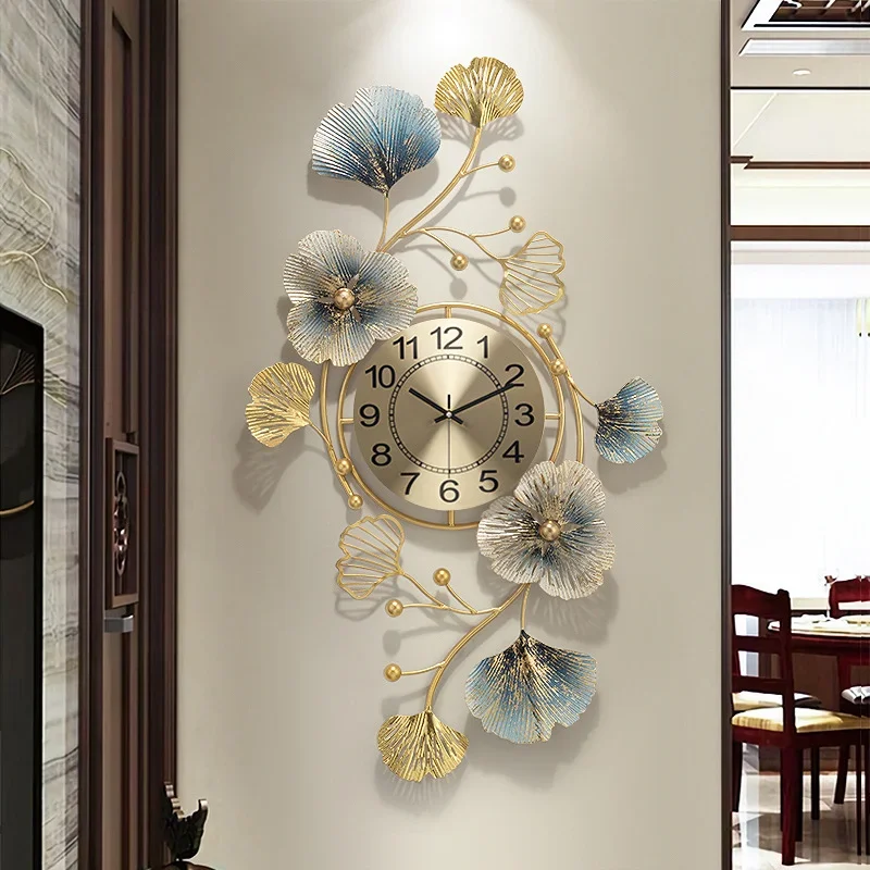 Fashion Creative Metal Ginkgo Leaf Wall Clock Living Room Wall Decor Clock Pendant Silent Bedroom Sweep Seconds Quartz Watch