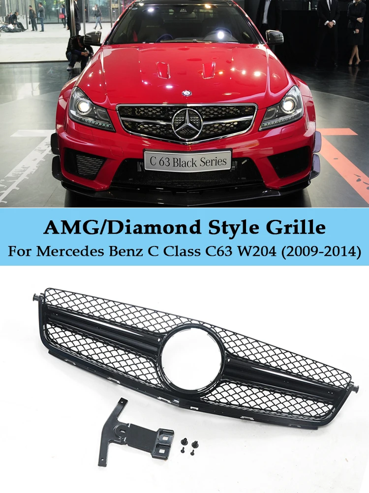 

For Mercedes Benz C Class C63 W204 Front Racing Refting Grille Diamonds AMG Style Radiator Grill C180 C200 C300 C350 2009-2014