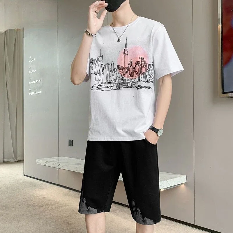 

Sweatsuit T-shirts Shorts Suits for Men Graphic Sweatshirts Tracksuit Cotton Print Elastic Outfits Korean Two Piece Set Man Sets
