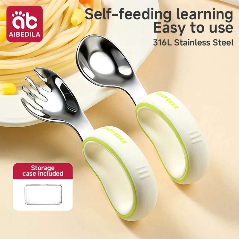 Baby Spoon Set,304 Stainless Steel Toddler Self Feeding Cutlery Weaning Tableware for Over 1Y Old with Portable Box Baby Gift