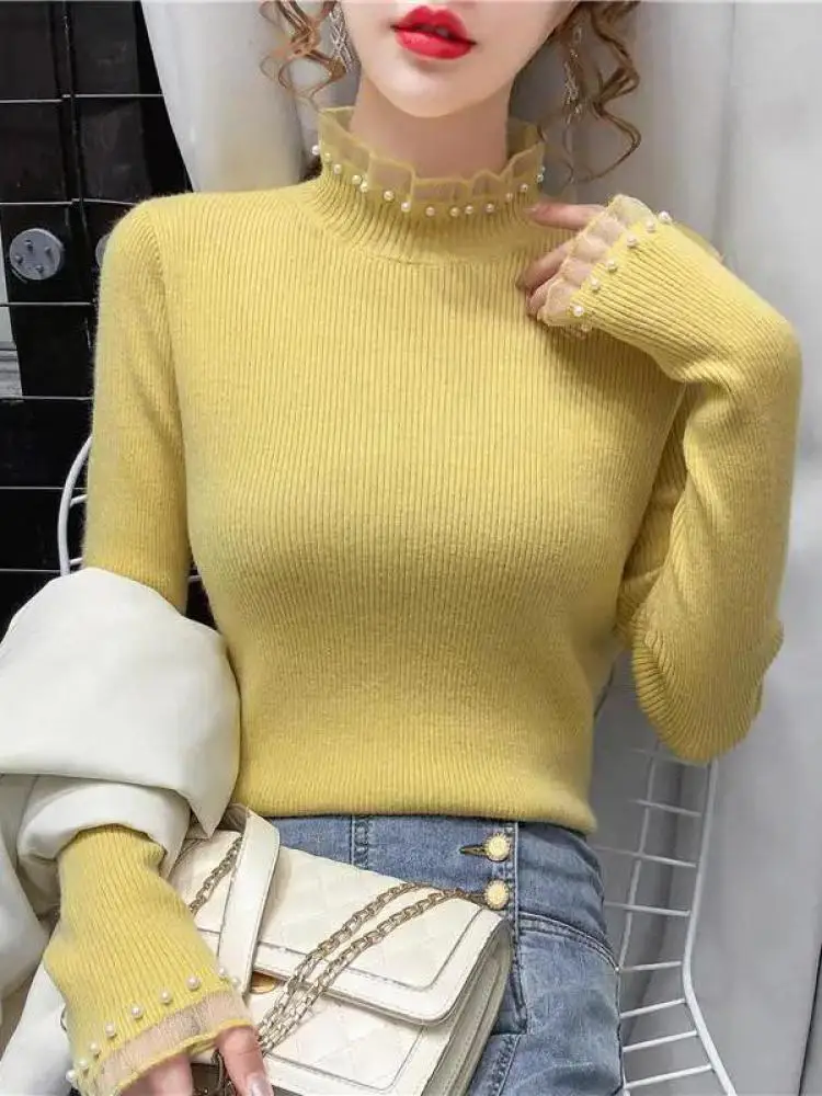 Autumn Winter Mock Neck Women Sweater Vintage Basic Solid Beading Korean Tops Casual Slim Pullover Sweaters Simple Chic Jumpers