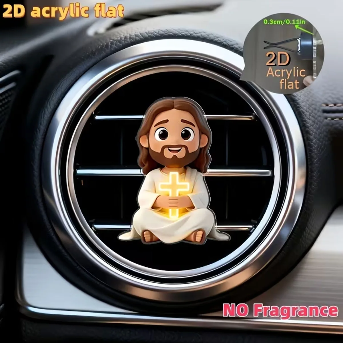 Jesus Holding Glowing Cross Acrylic Car Vent Clip with Scent Chip, Christian Car Interior Accessory