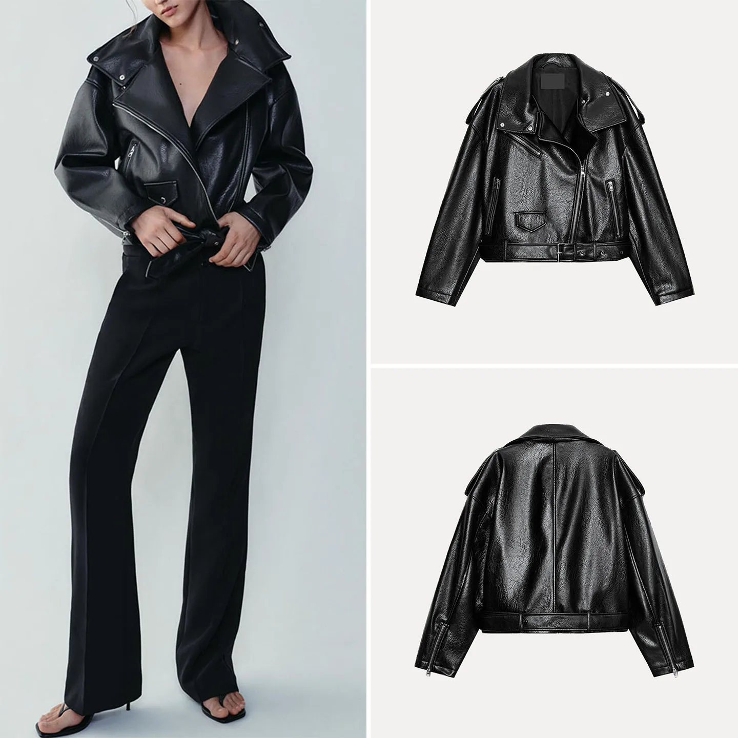 Fashionable Long Sleeve Motorcycle Jacket Women's Autumn Wear Casual Loose Fit Zipper Closure No Hat Included Zadata Brand