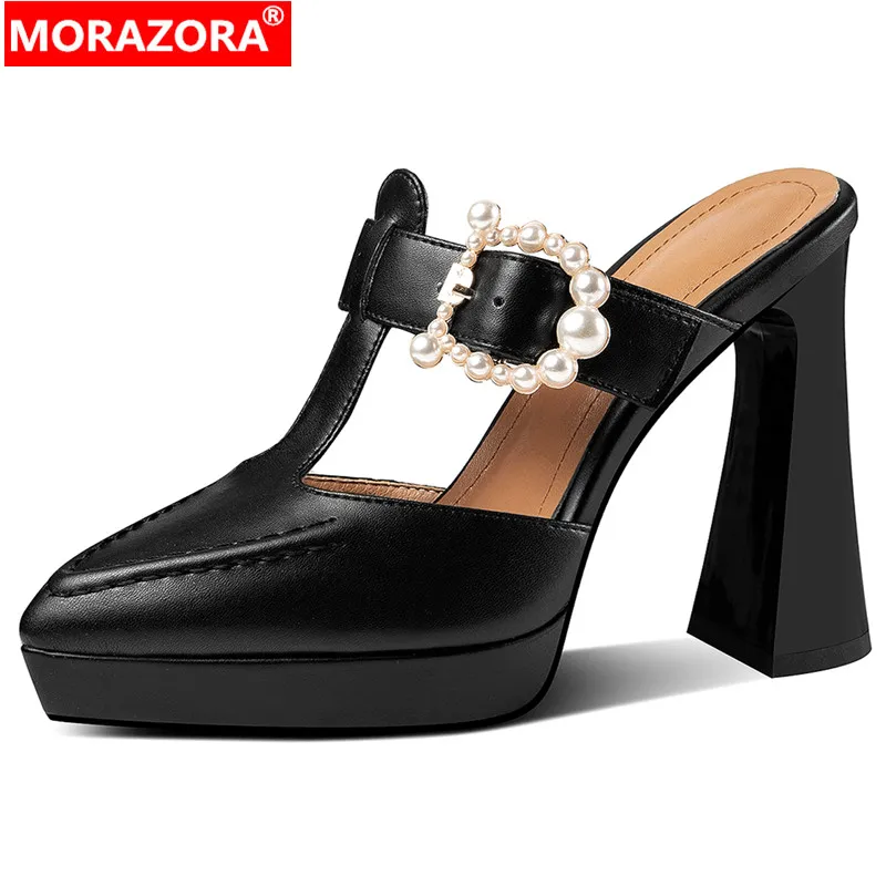 

MORAZORA 2024 New Genuine Leather Mules Slippers Women Female Rhinestone Daily Summer Shoes Thick High Heels Platform Slippers