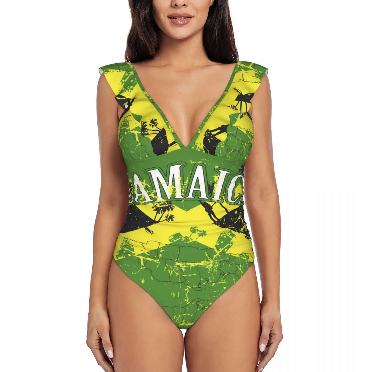 Women Jamaica One Piece Swimwear Sexy Ruffle Swimsuit Summer Beach Wear Slimming Bathing Suit