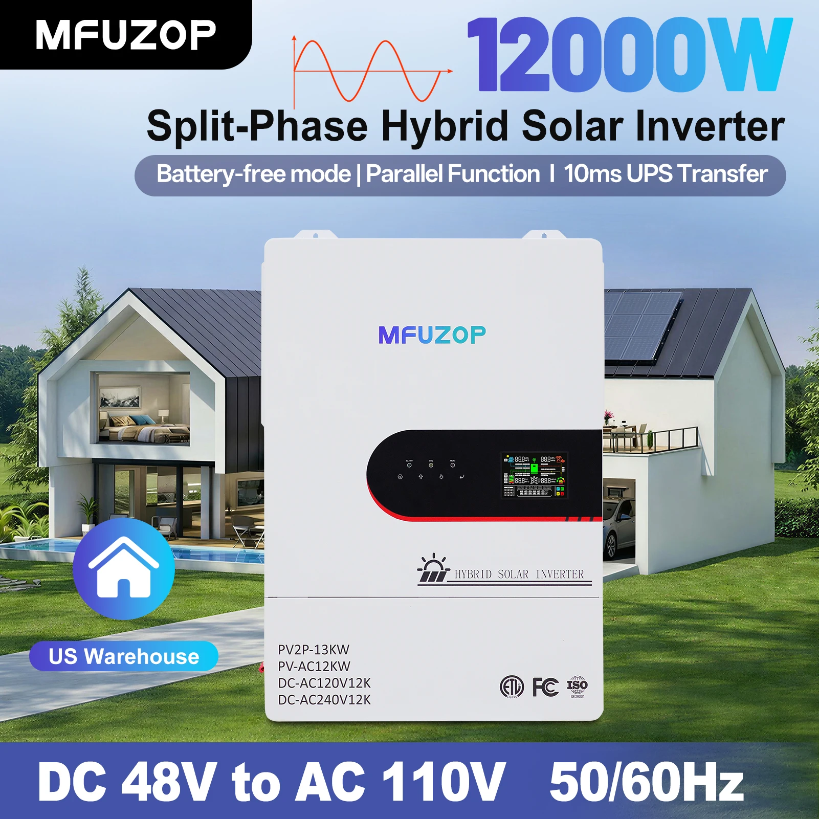 MFUZOP 48V 12KW Hybrid Solar Inverter Battery-Free UPS Mode 240V Split-Phase US Standard Off-Grid Power