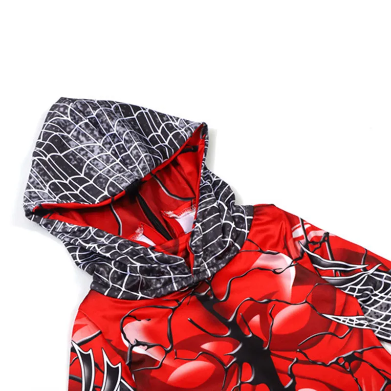 بدلة ريد جوين ستايسي سبايدر زي البطل الخارق الأحمر المطبوع بذلة بقلنسوة قناع الهالوين زي تنكري لعمر 3-12 سنة