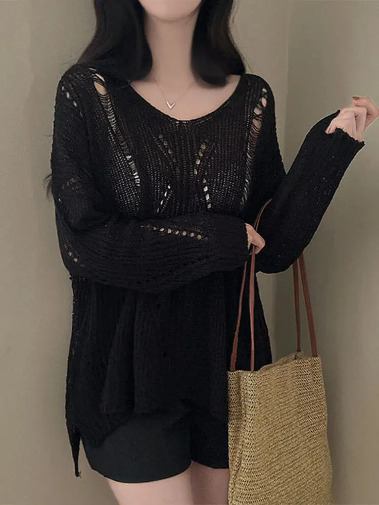 

Loose Knitted Sweater Women's Faion Hollow Thin Long Sve V-ne Slimming Overhead Sweater Korean Sle Lazy Sle