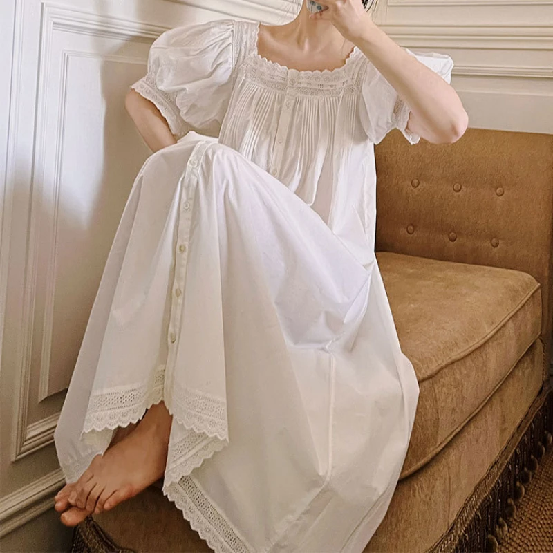 Victorian White Night Dress Women Summer Pure Cotton Short Sleeve Long Peignoir Vintage Nightgown Sleepwear Princess Nightwear