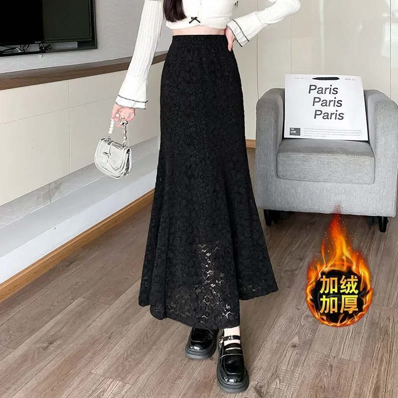 Francês elegante renda mais veludo nádega fishtail saia outono inverno nova moda chique jacquard oco saia longa xq118