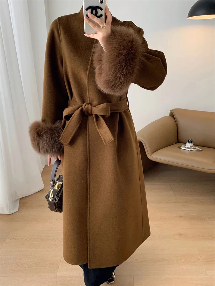 

2024 Luxury Women Winter Natural Real Fox Fur Warm Woolen Ladies Outerwear Female Autumn Long Oversize Long Coffee Woolen Coat