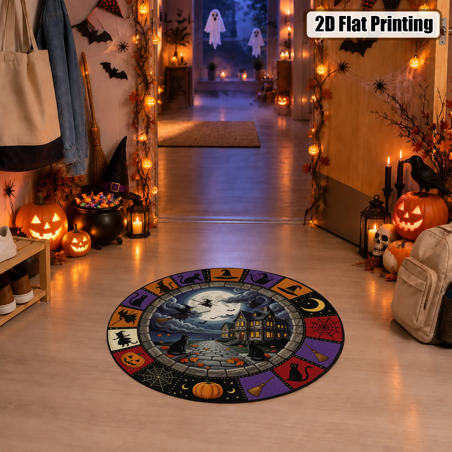 Cozy Halloween Themed Witch Black Cat Pumpkin Haunted House Moon Round Velvet Area Rug Machine Washable for Living Room Bedroom Entryway Thanksgiving Christmas New Year