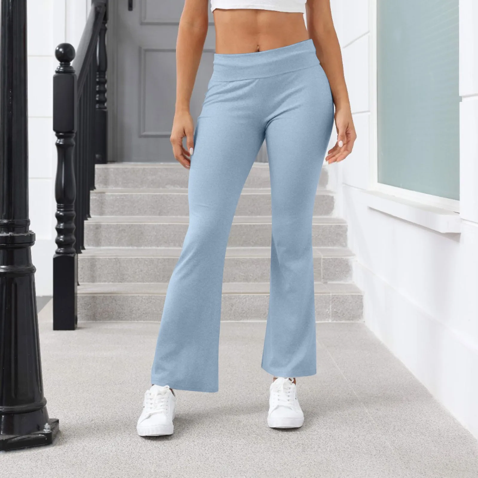 

Женские эластичные трикотажные брюки-клеш с высокой талией, облегающие, повседневные, длинные, с подвернутым поясом, светло-голубые, универсальные