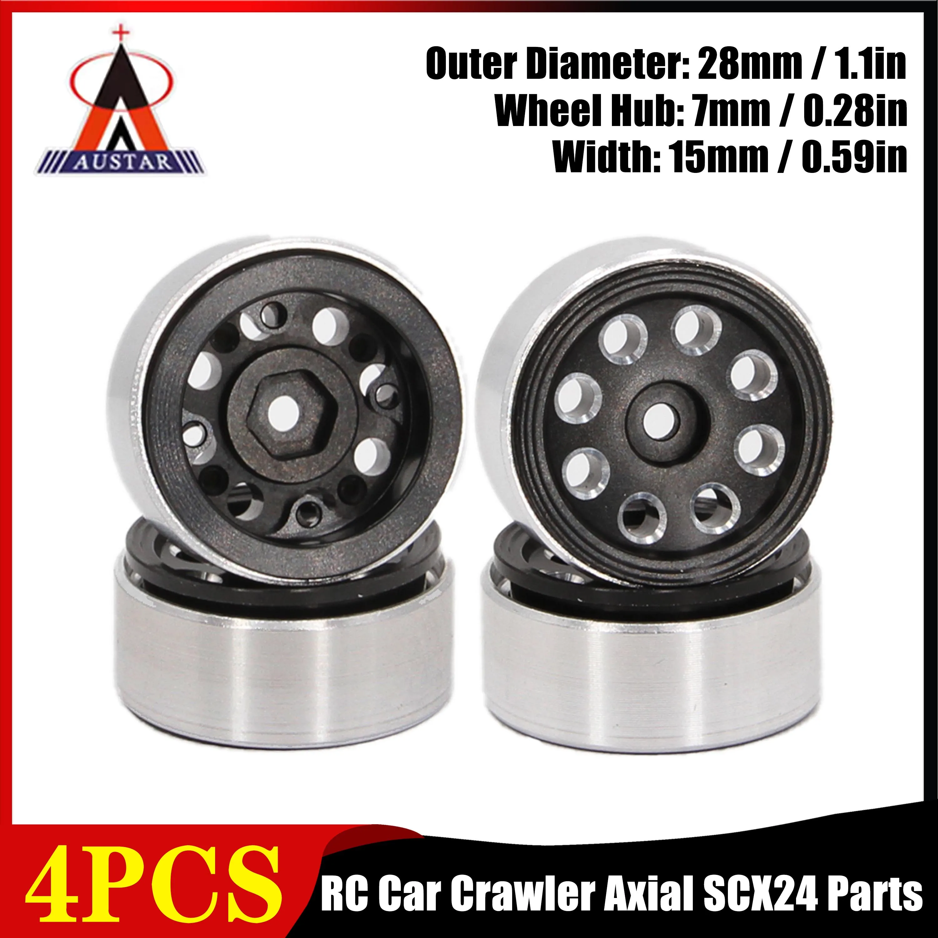 

4 шт. AUSTAR SCX24 1,0 дюйма, ступица колес из алюминиевого сплава, дизайн Beadlock для 1/24 RC Hardcore Crawler, автомобильные багги, осевые модели