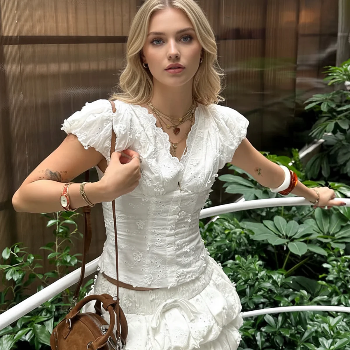 

White Floral Embroidery V Neck Crop Top Women Puff Sleeve Backless Tie Up Blouse French Cottagecore Coquette Aesthetic Tops 2024
