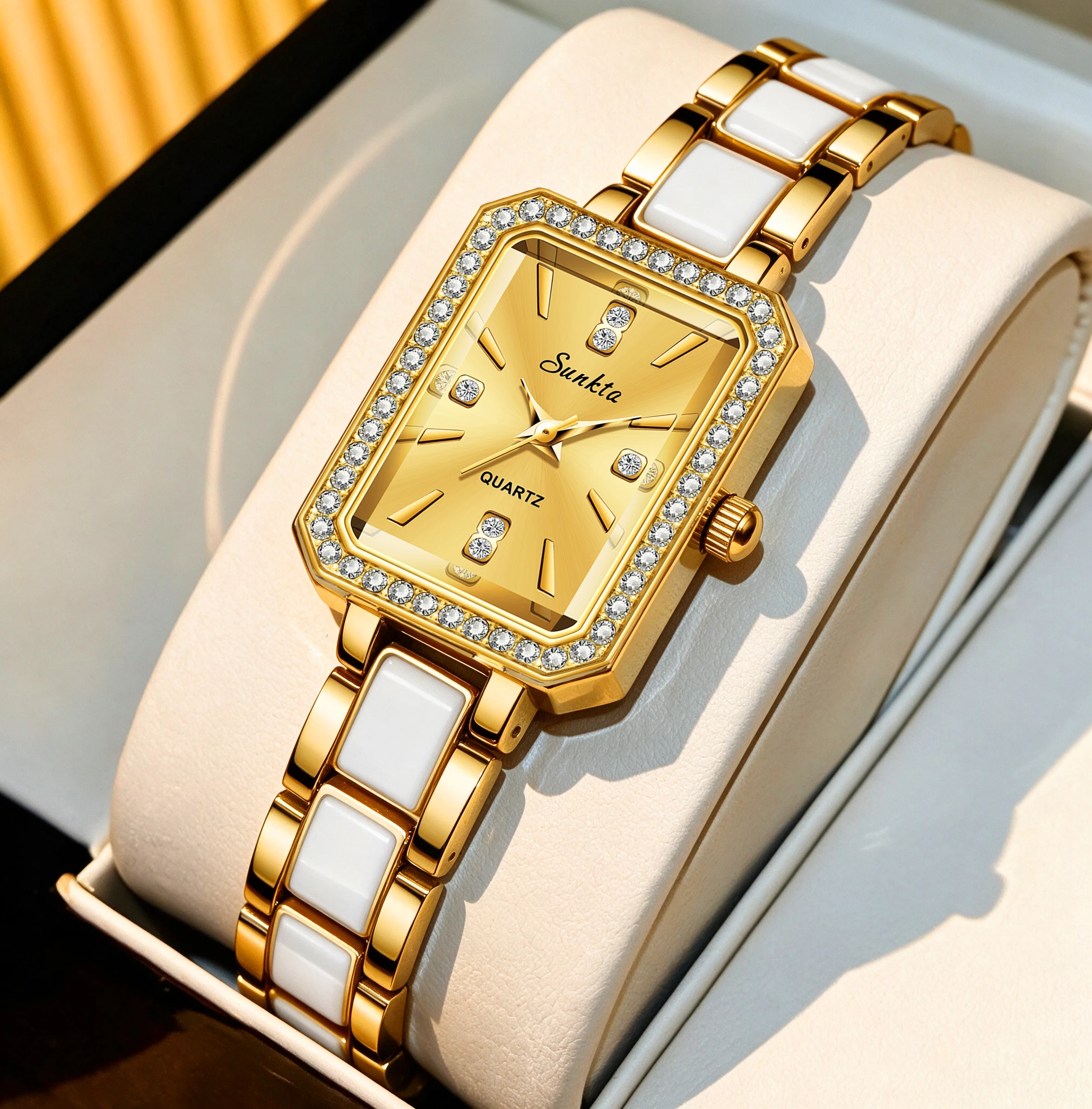 SUNKTA  2026 Luxury Women's Watch Simple Square Full Diamond Digital Quartz Watch Stainless Steel Bracelet Women's Dress Clock