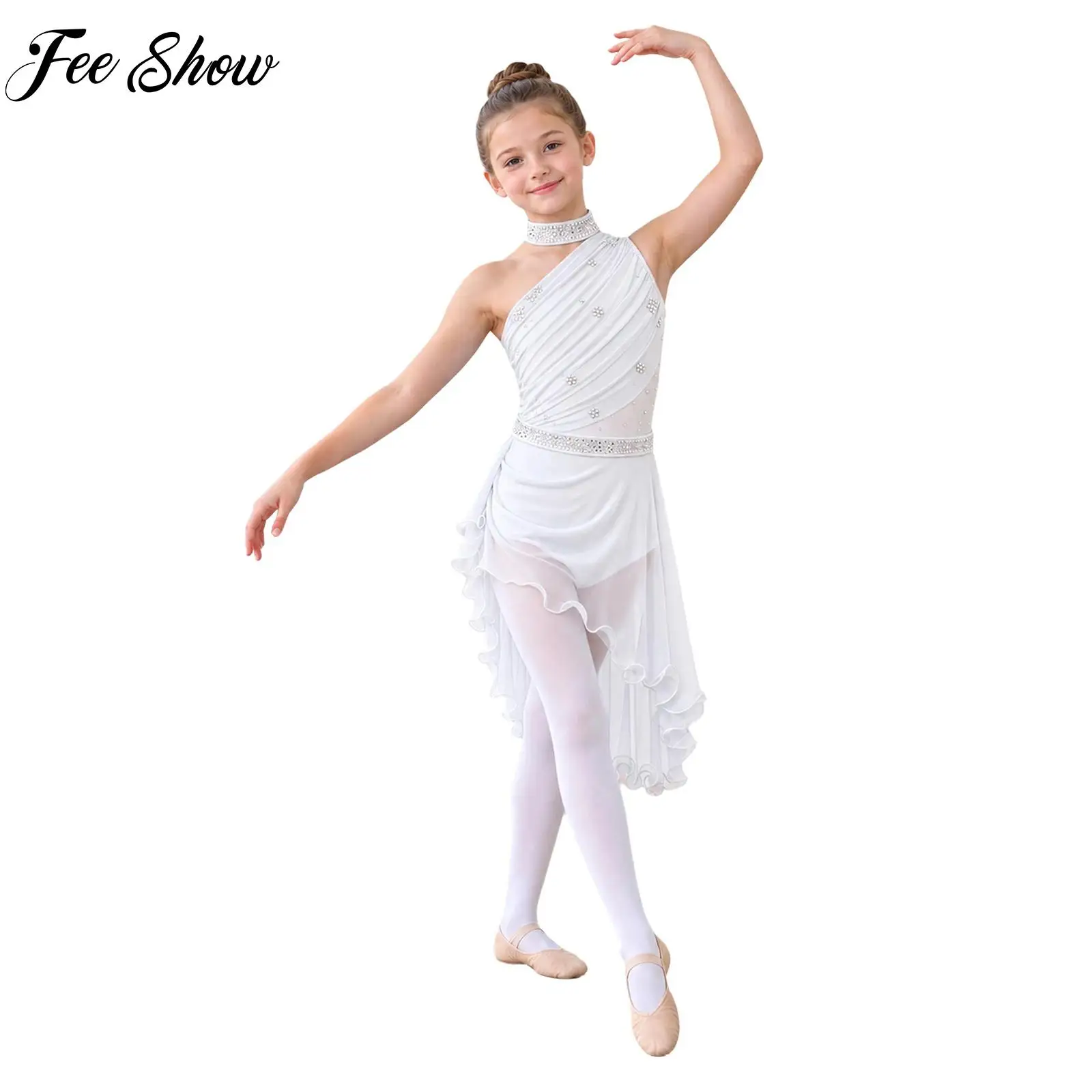 Kids Girls Lyrical Dance Dress Halter One Shoulder Sleeveless Shiny Rhinestone Lettuce Hem Ruched Dress Ballet Dance Leotard