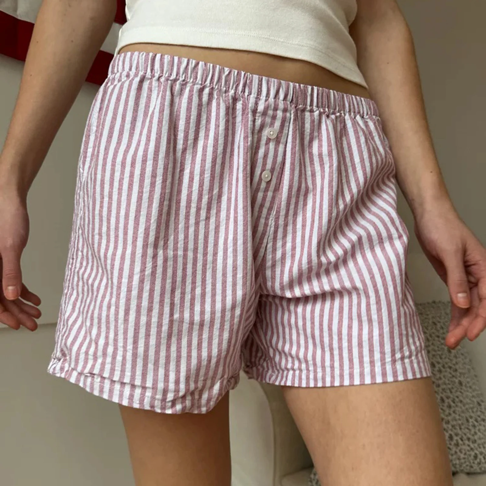 Women's Summer Casual Shorts Striped Print Button Elastic Loose Short Pants for Vacation Beach Club Streetwear