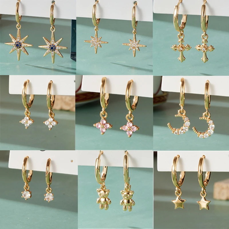 Cobre zircão cúbico lua estrela mau olho série animal pingente brinco de argola para mulheres huggie brinco jóias pendientes