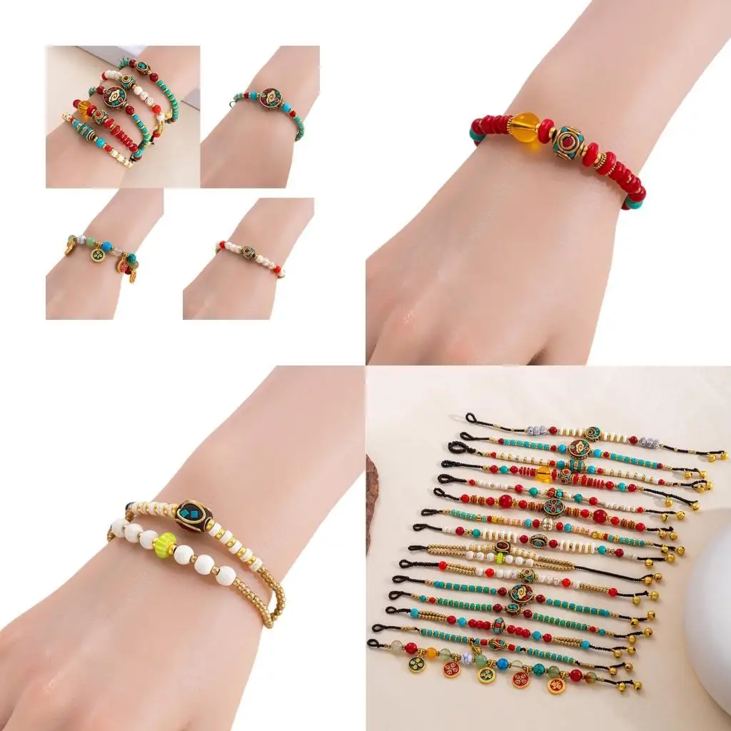 

D46E Тибетский плетеный браслет из сплава с бирюзовым камнем, прочные этнические украшения