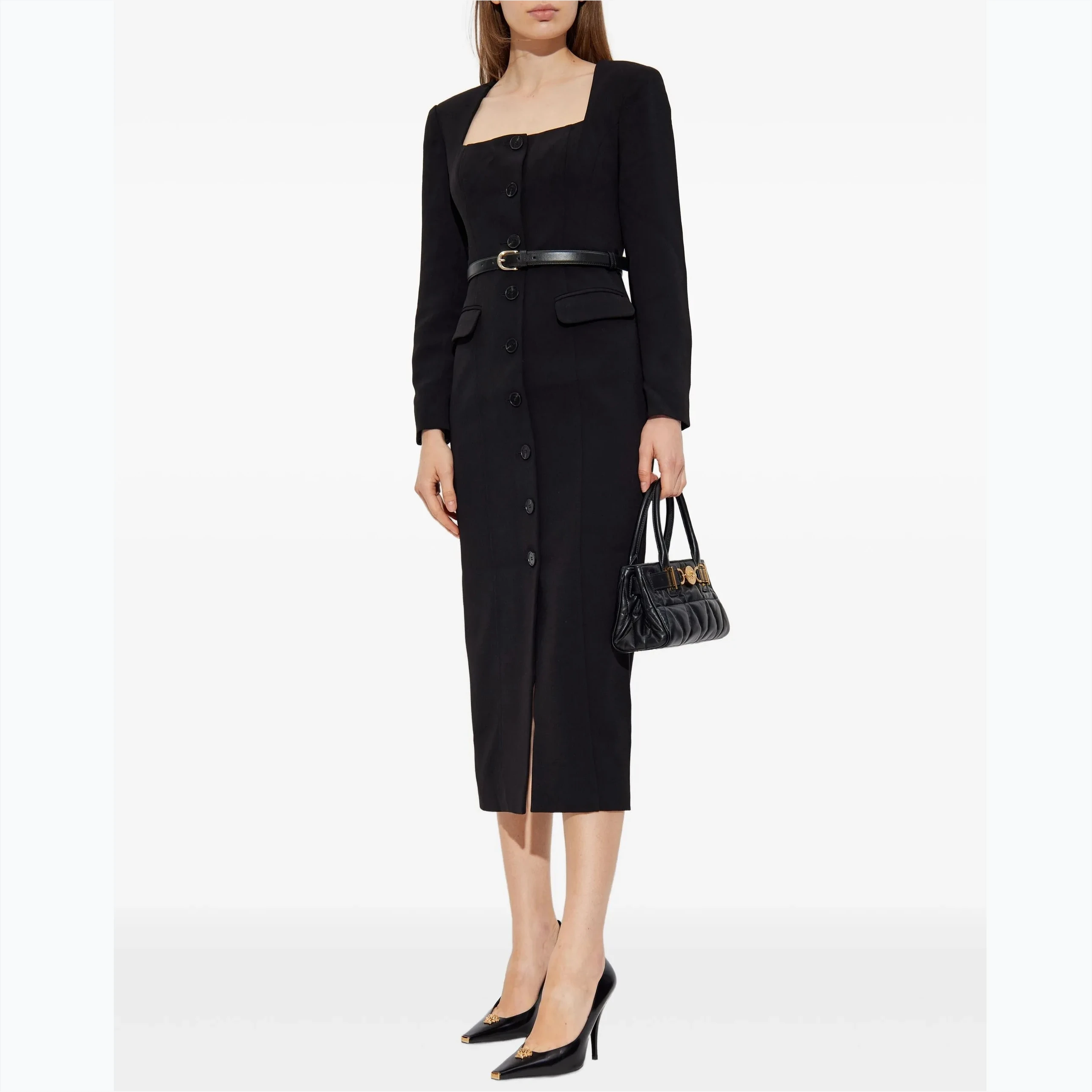 Schwarz Quadrat Kragen Elegantes Kleid Frauen Langarm einreiher Chic Vestidos Bodycon Streetwear Kleidung Dame