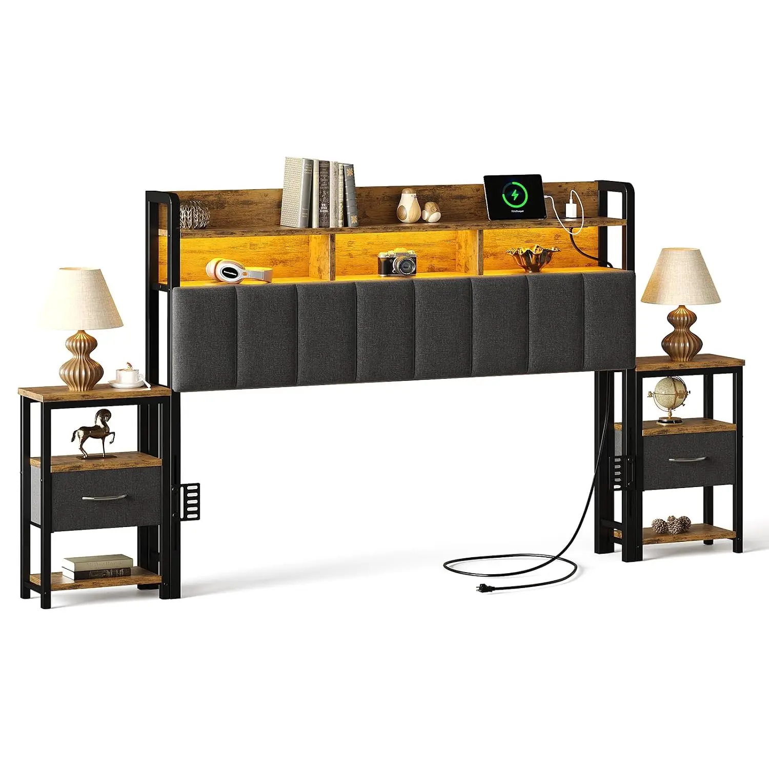 Queen Headboard with Bedside Storage, 2-Tier Storage Shelves, Customized