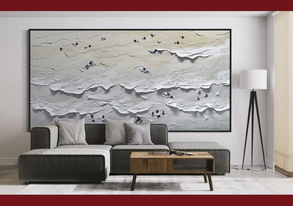 Horizontal Neutral Beach Coastal Art Hand Painted Large Heavy Textured Knife Palette Abstract Acrylic Painting Modern Wall Art