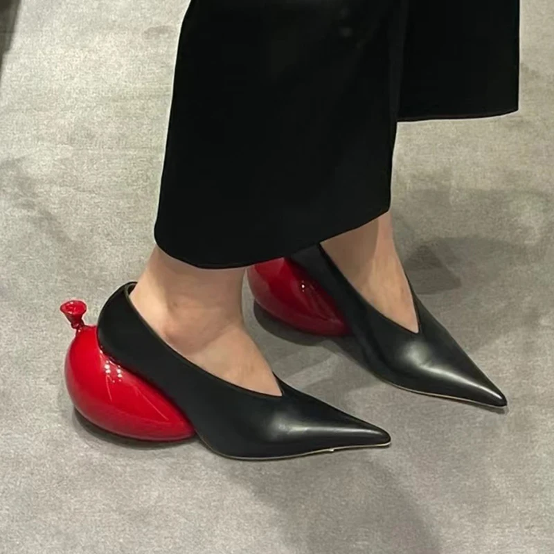 Balloon Strange Style Pointed Toe Pumps Woman 2025 Slip-On Fashion Black All-Match High Heels Shoes for Women Spring Summer