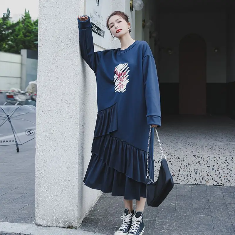 

Autumn Winter New Korean Fashion Patchwork O-neck Long Sleeve Dresses Femme Loose Printing Irregular Ruffles Midi Dress Women's