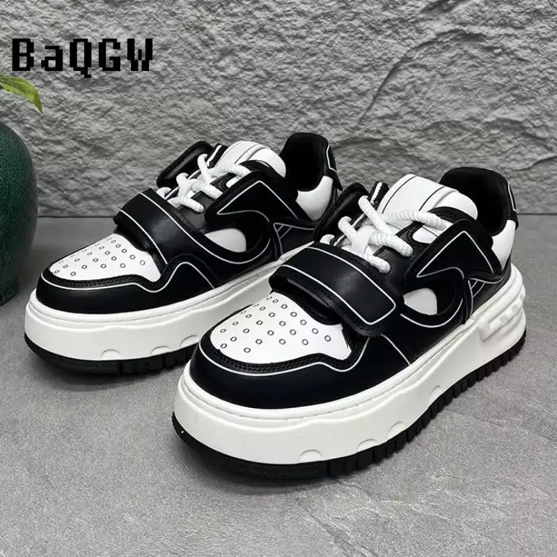 

Мужские повседневные кроссовки на платформе с массивной подошвой, черно-белые, на липучках и шнуровке, для активного отдыха и учебы, весна 2026
